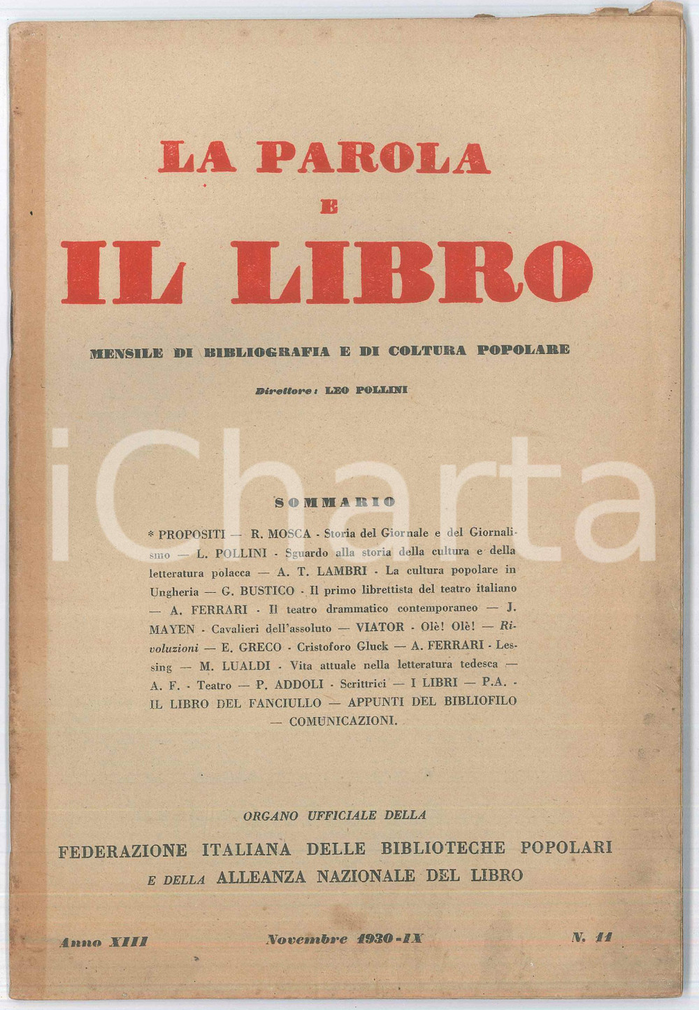 Giornale, rivista storica 1930 MILANO LA PAROLA E IL LIBRO Cultura popolare in Ungheria  Cristoforo Gluck 1