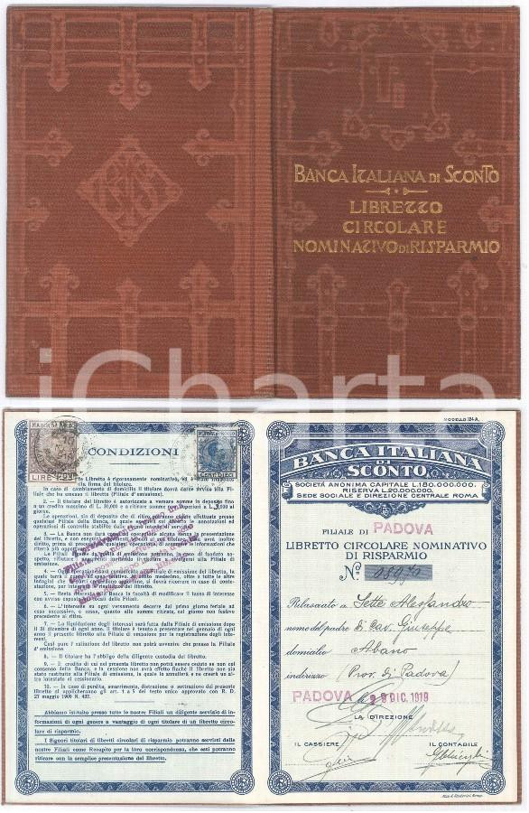 Oggetto da collezione cartaceo 1919 PADOVA Banca italiana di sconto Libretto circolare nominativo di risparmio 1