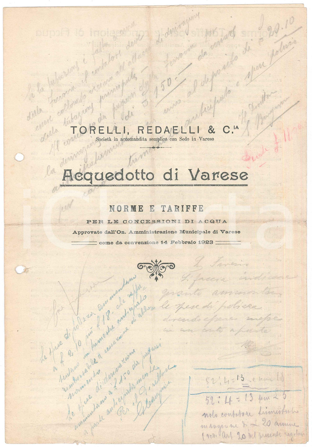 Documento originale, autentico 1923 VARESE Ditta TORELLI E REDAELLI Norme e tariffe concessioni acquedotto 1
