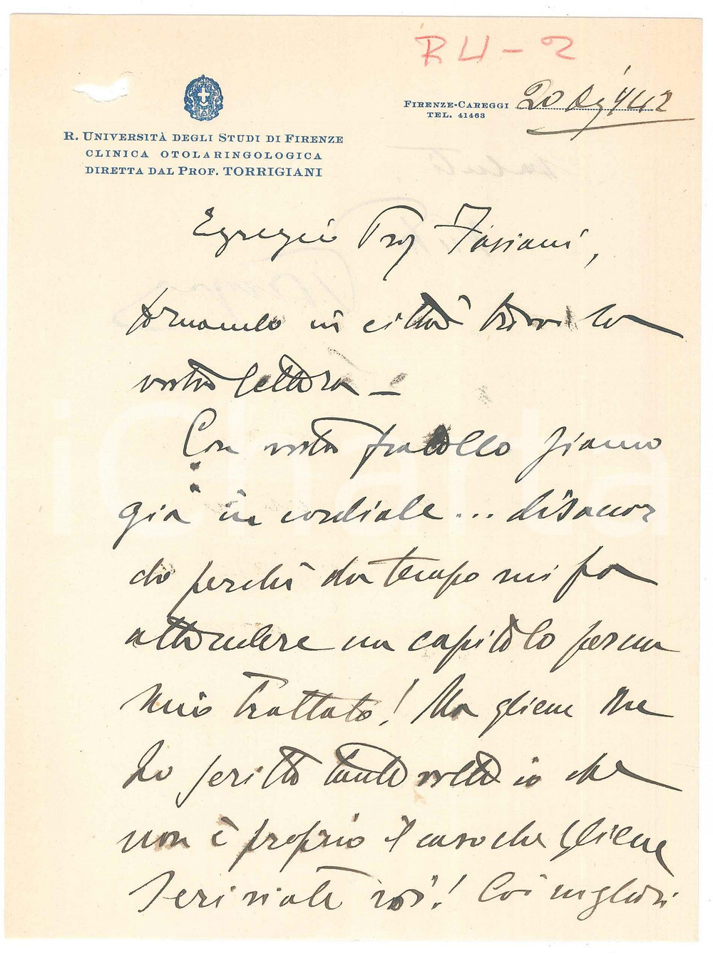 Autografo originale 1942 FIRENZE Prof. Camillo Arturo TORRIGIANI in attesa di un capitolo Autografo 1