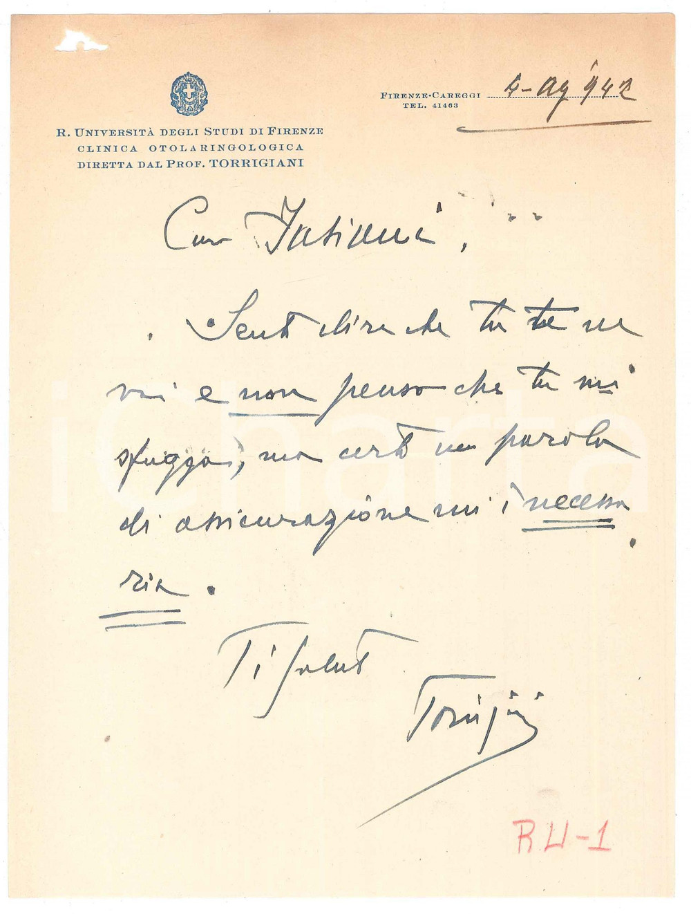 Autografo originale 1942 FIRENZE Lettera prof. Camillo Arturo TORRIGIANI otorino Autografo 1