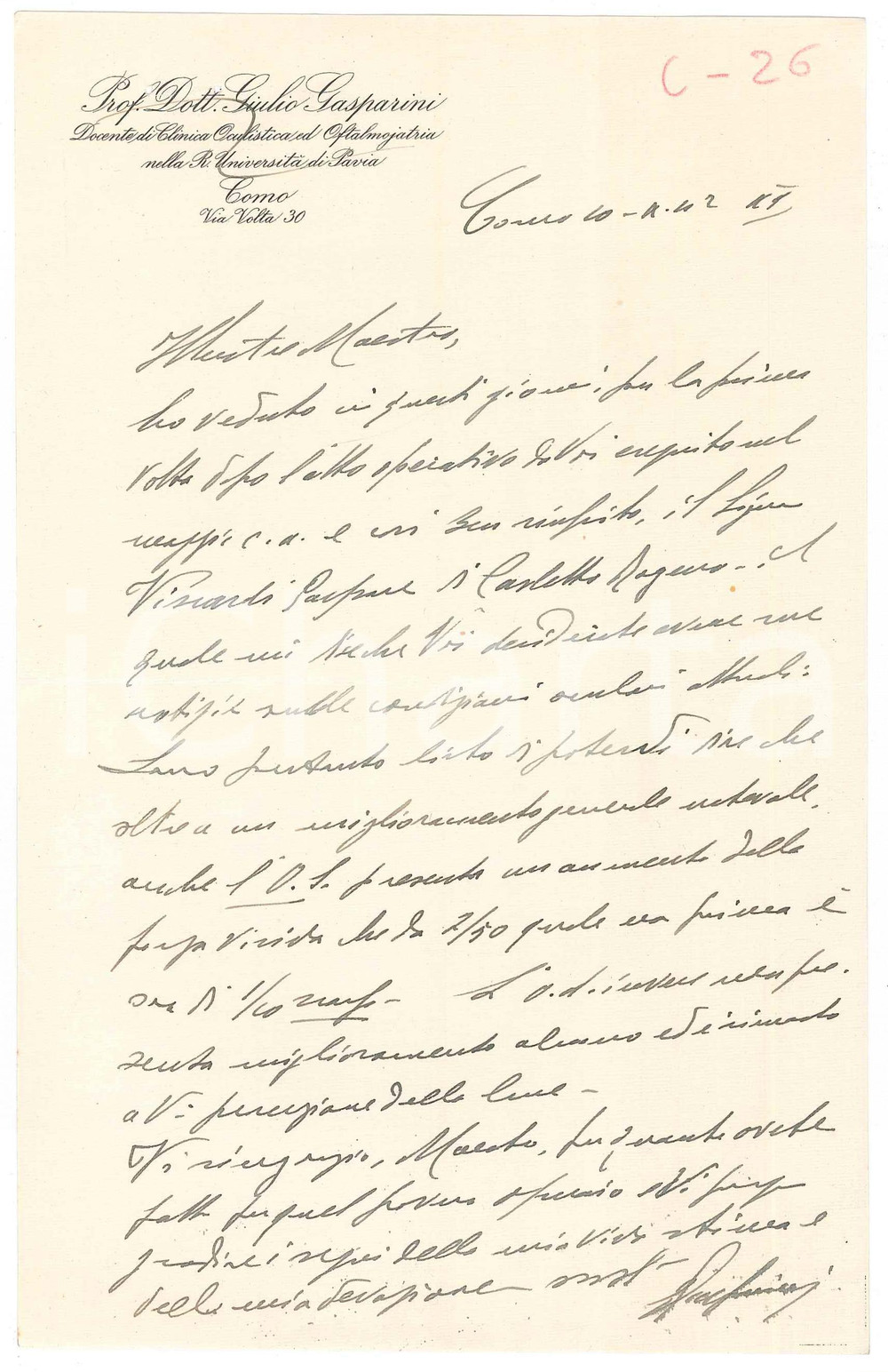 Autografo originale 1942 COMO Lettera prof. Giulio GASPARINI  Docente Clinica Oculistica Autografo 1