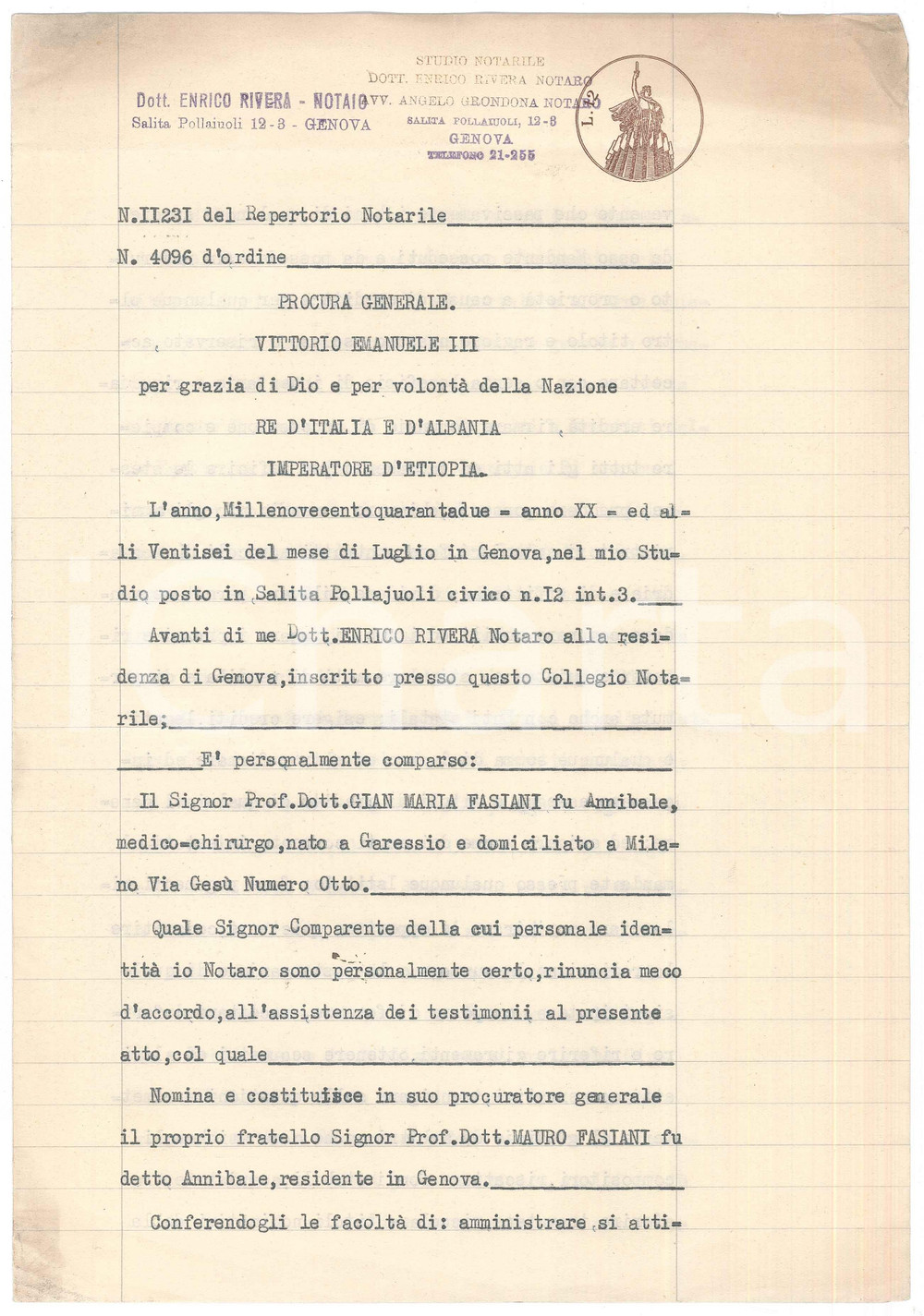 Documento originale, autentico 1942 GENOVA Procura Gian Maria FASIANI al fratello Mauro  Documento 1
