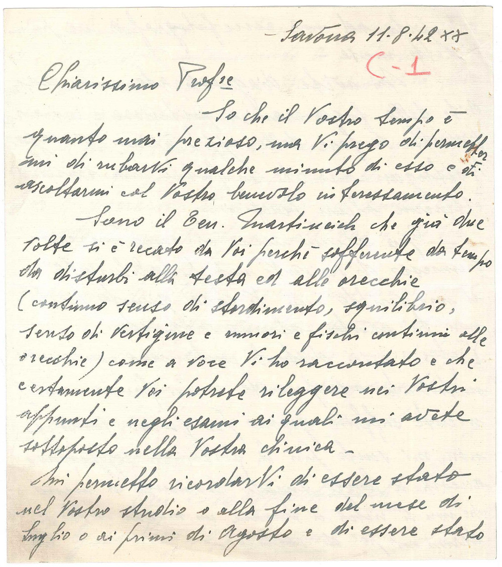 Manoscritto, lettera originale 1942 SAVONA Lettera ten. Leo MARTINCICH  Disturbi e vertigini 1