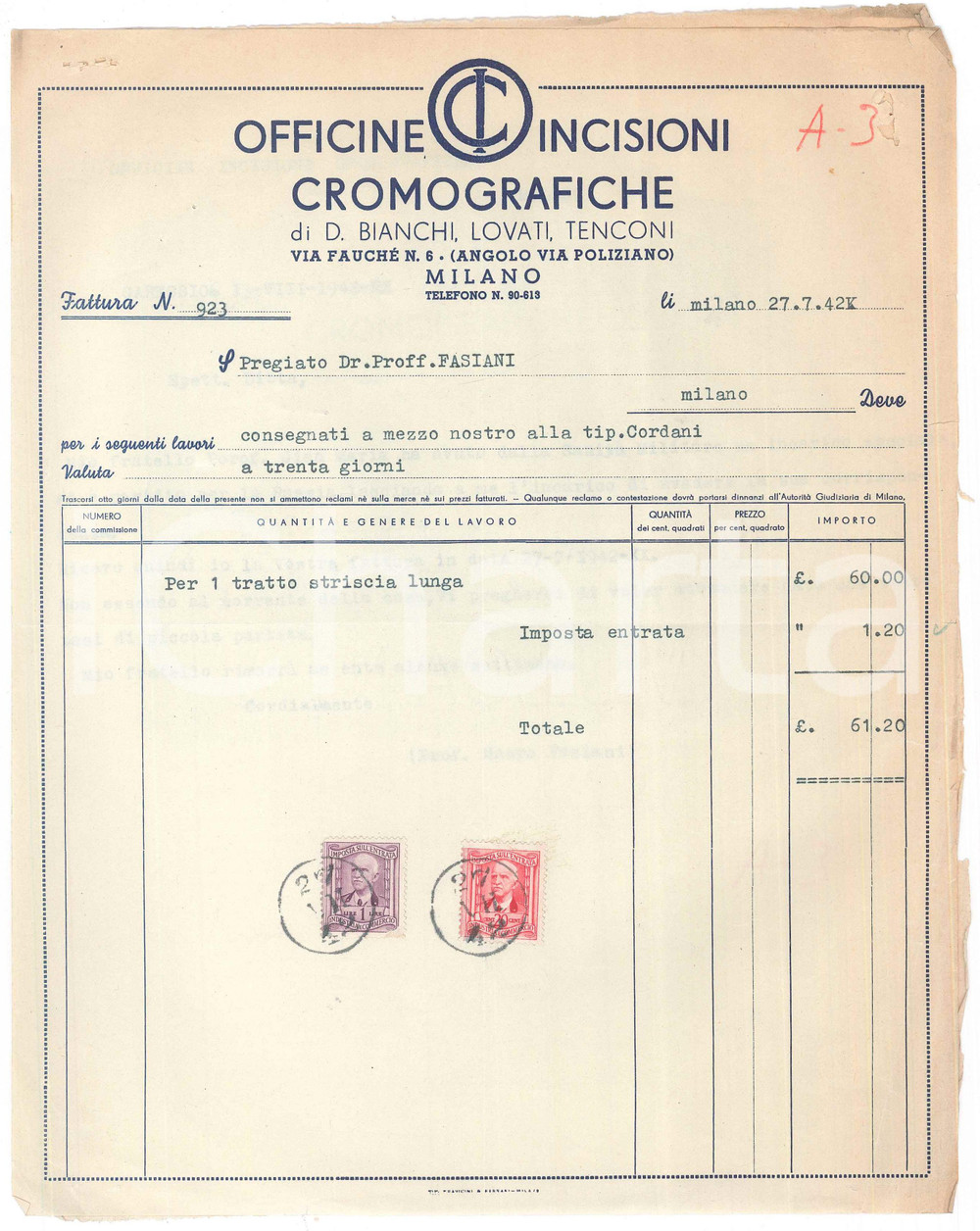Documento originale, autentico 1942 MILANO Via FauchÃ©  Officine Incisioni Cromografiche  Fattura 1