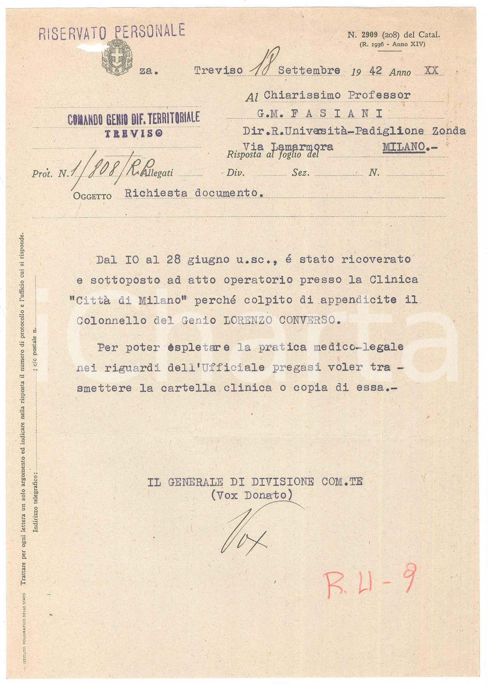 Autografo originale 1942 TREVISO Comando Genio Dif. Territoriale  Gen. Donato VOX AUTOGRAFO 1