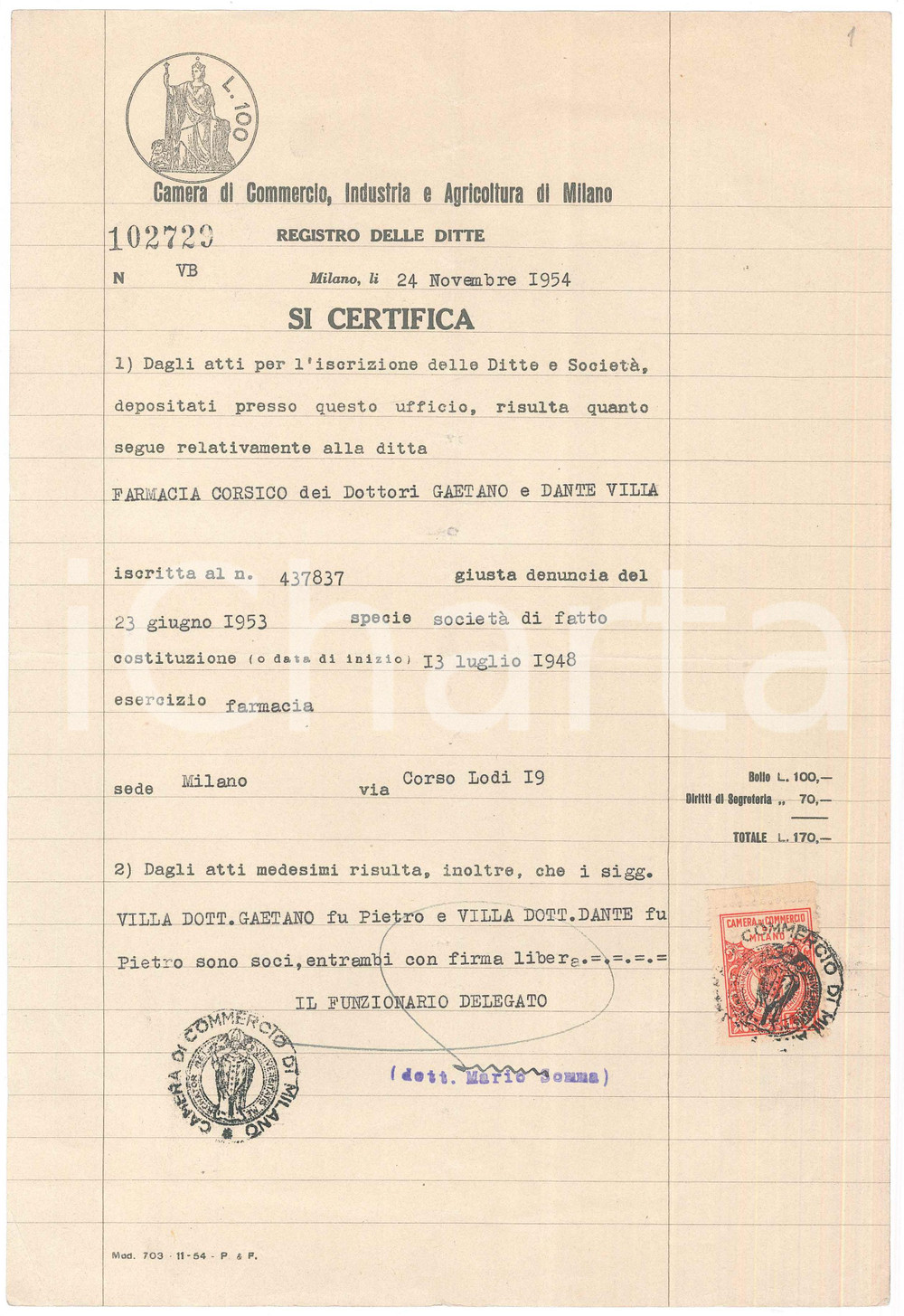 Documento originale, autentico 1954 MILANO Camera di Commercio  Iscrizione ditta Farmacia CORSICO 1