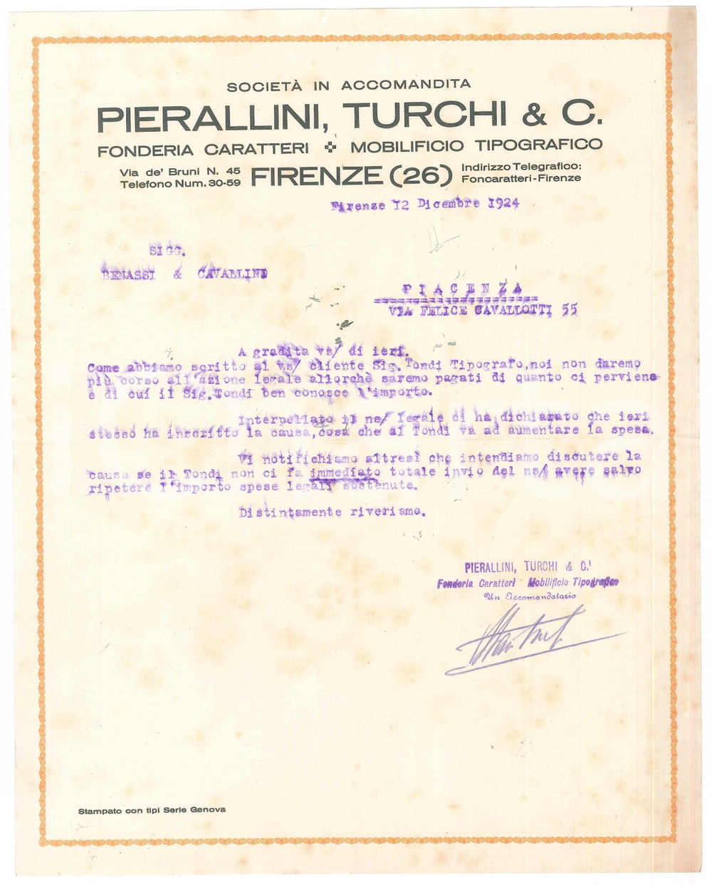 Documento originale, autentico 1924 FIRENZE Società PIERALLINI, TURCHI & C. Mobilificio tipografico Lettera 1