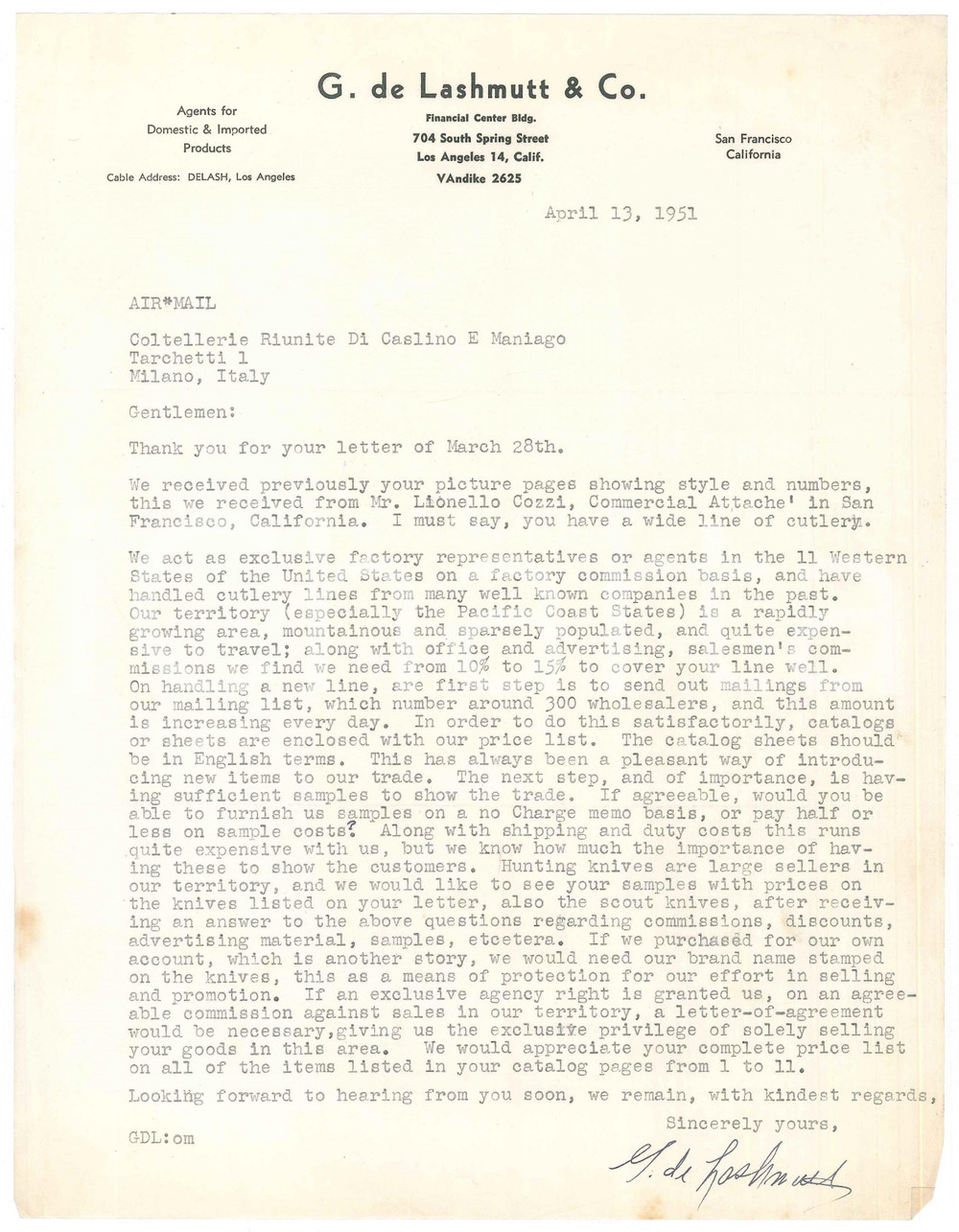 Documento originale, autentico 1951 LOS ANGELES  G. DE LASHMUTT & Co.  Letter about cutlery Autograph 1