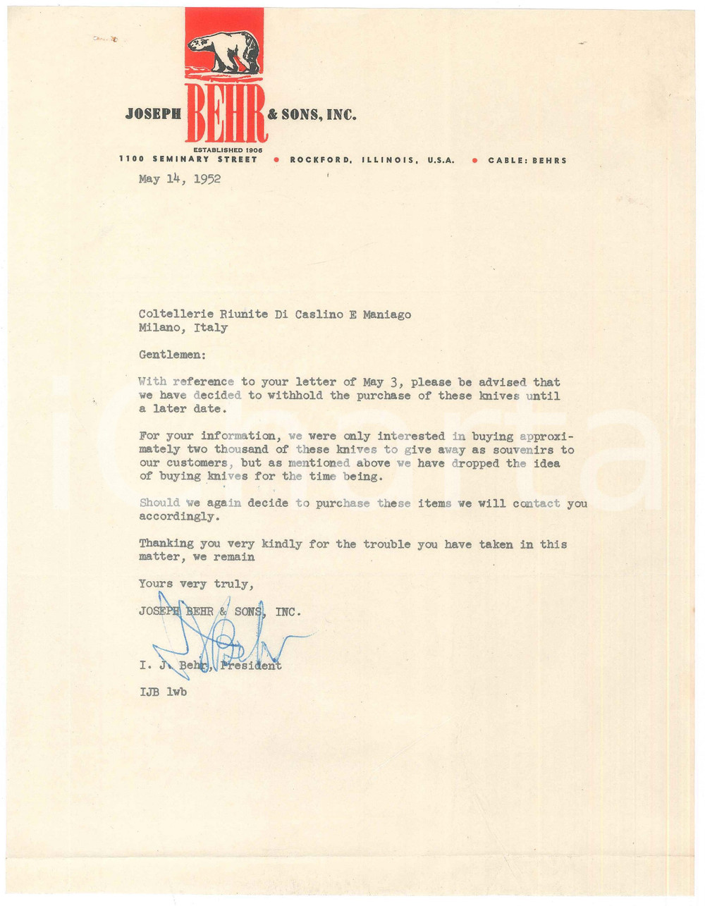 Documento originale, autentico 1952 ROCKFORD IL Joseph BEHR & Sons Inc.  Letter about purchase of knives 1