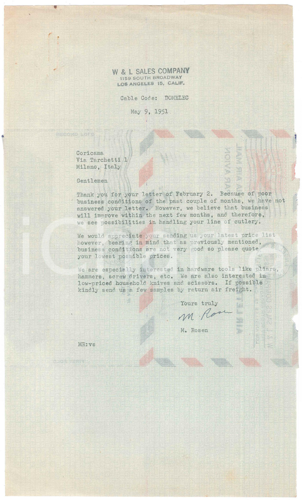 Documento originale, autentico 1951 LOS ANGELES W & L Sales Company  Letter about cutlery Autograph M. ROSEN 1