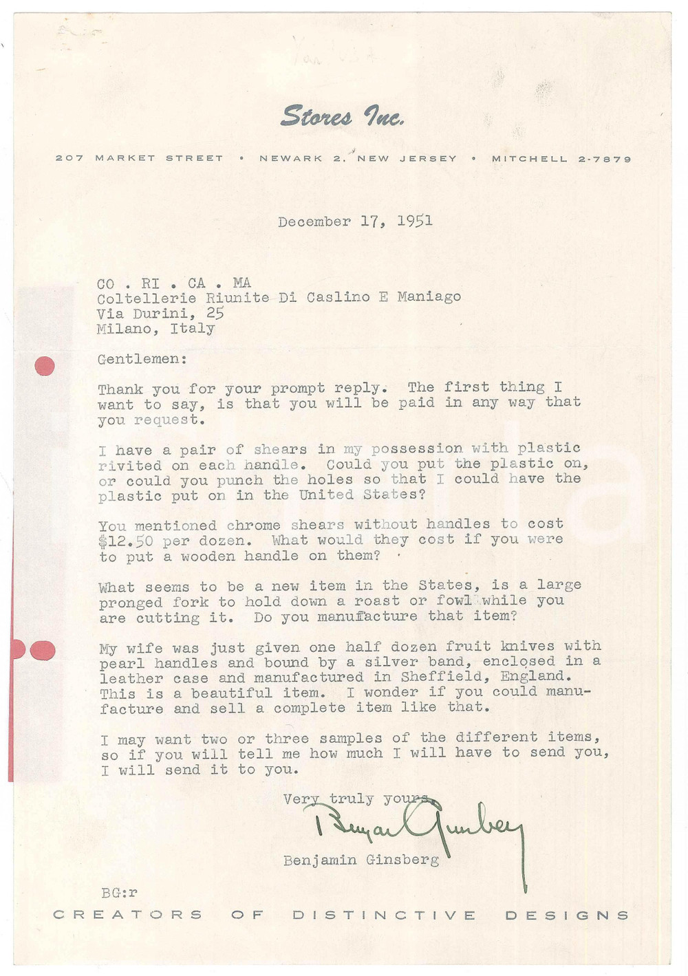 Documento originale, autentico 1951 NEWARK NJ STORES Inc.  Letter about shears by CO.RI.CA.MA. 1