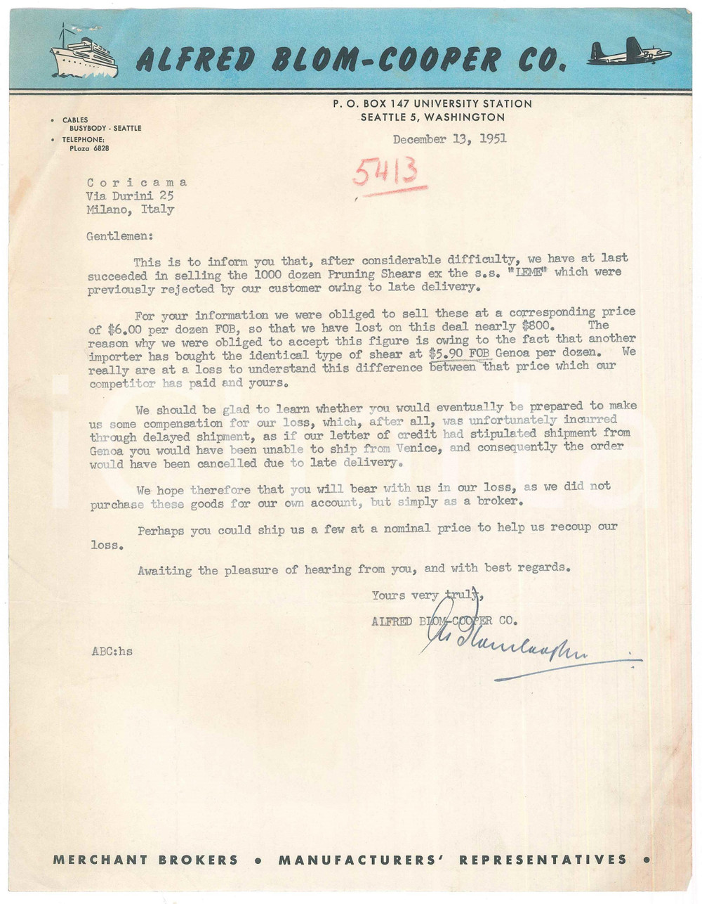 Documento originale, autentico 1951 SEATTLE USA Alfred BLOMCOOPER Co.  Letter about purchase of shears 1