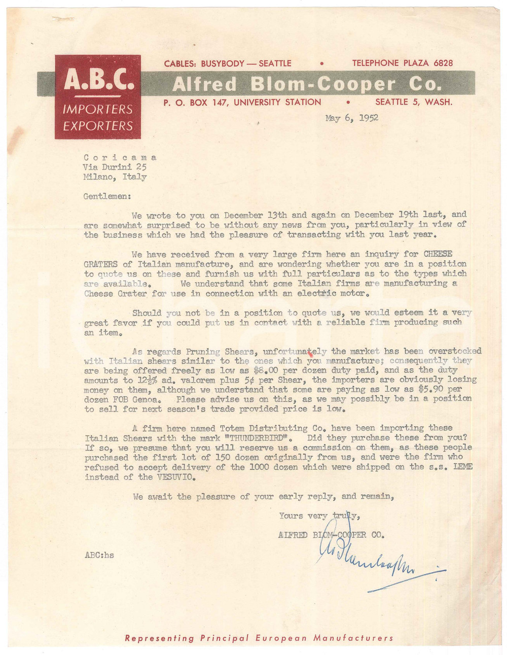 Documento originale, autentico 1952 SEATTLE USA Alfred BLOMCOPPER  Letter for cheese graters 1