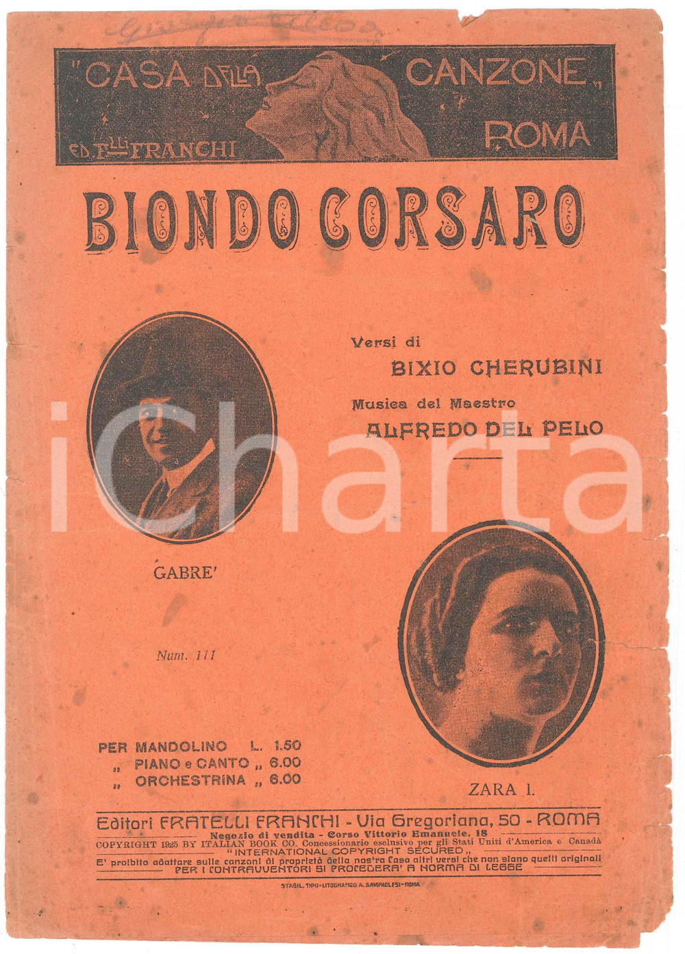 Oggetto da collezione cartaceo 1925 BIONDO CORSARO di Bixio CHERUBINI Alfredo DEL PELO Ed. Fratelli Franchi 1