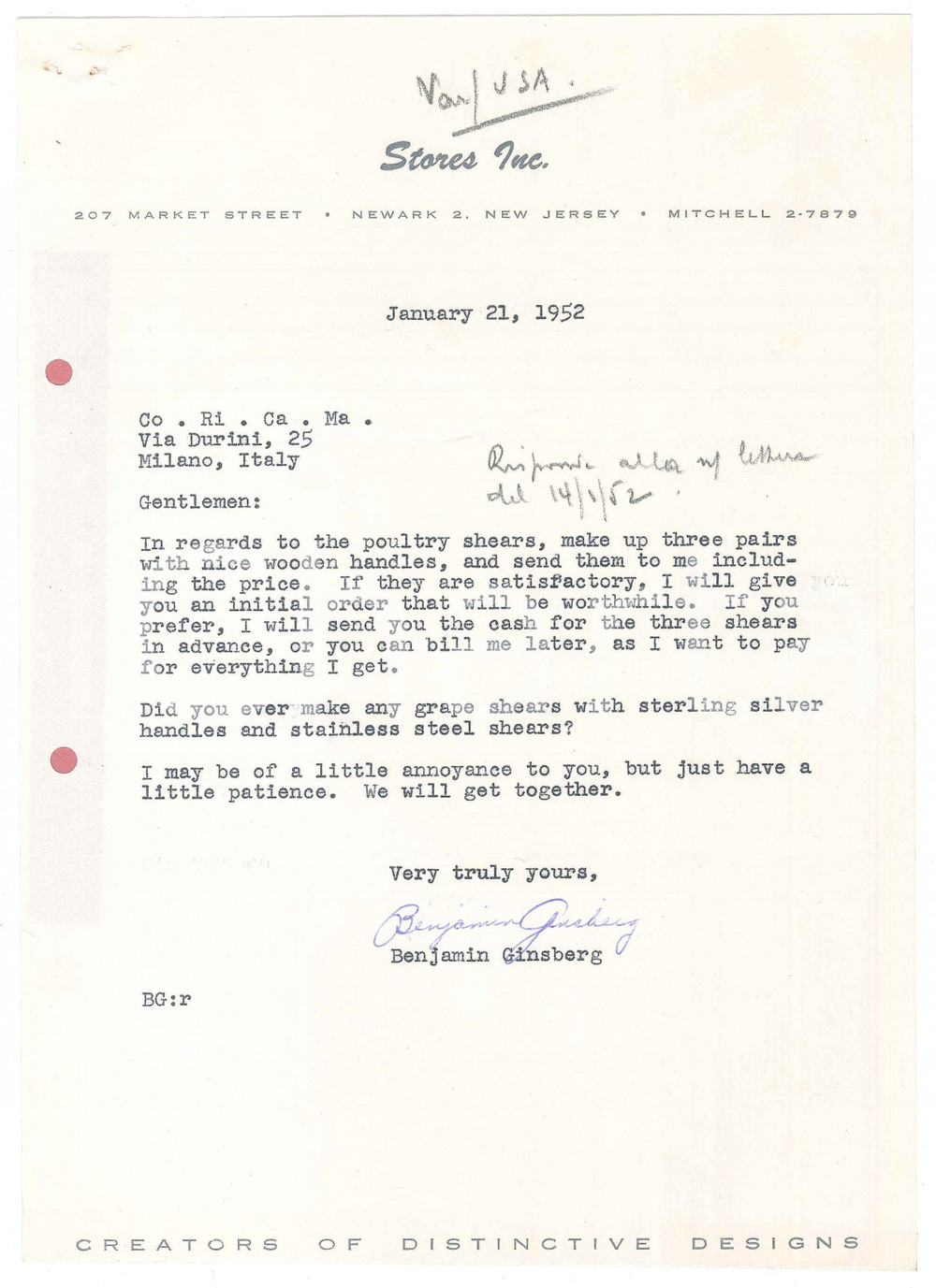 Documento originale, autentico 1952 NEWARK NJ STORES Inc.  Letter about poultry shears by CO.RI.CA.MA. 1
