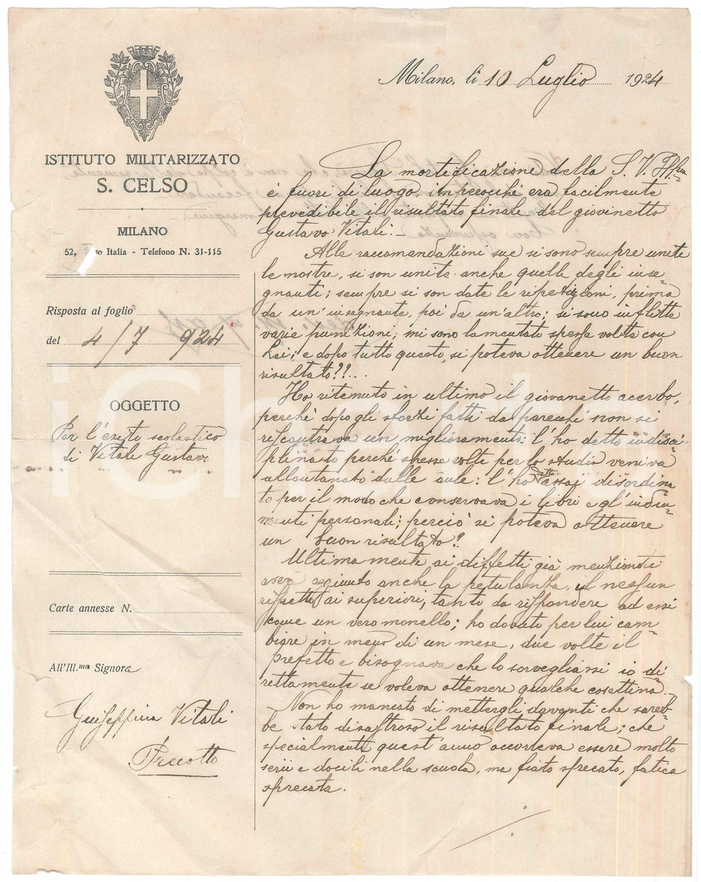 Documento originale, autentico 1924 MILANO Istituto Militarizzato S. CELSO  Gustavo VITALI cattivo studente 1