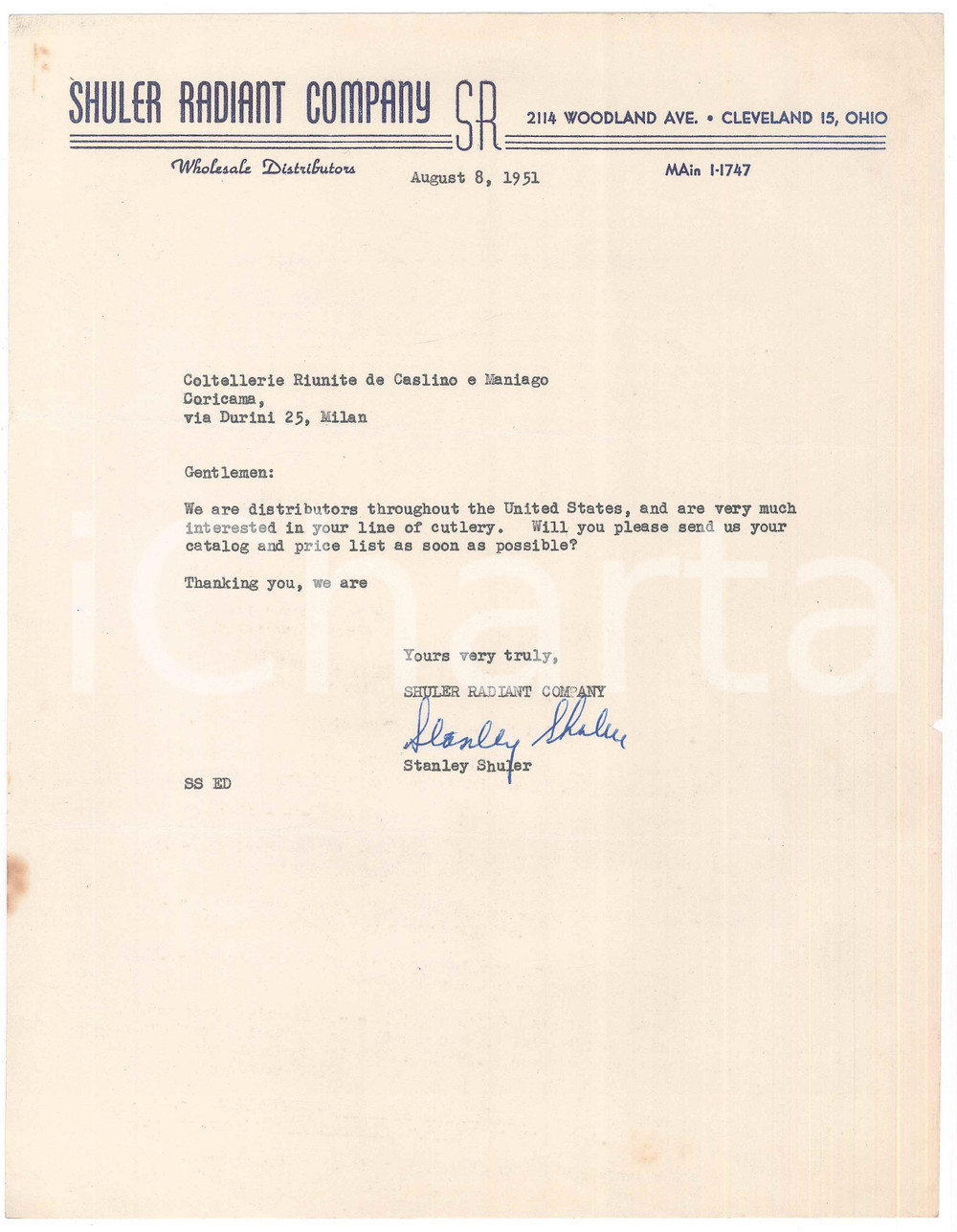 Documento originale, autentico 1951 CLEVELAND OHIO, USA SHULER RADIANT COMPANY  Letter import cutlery 1