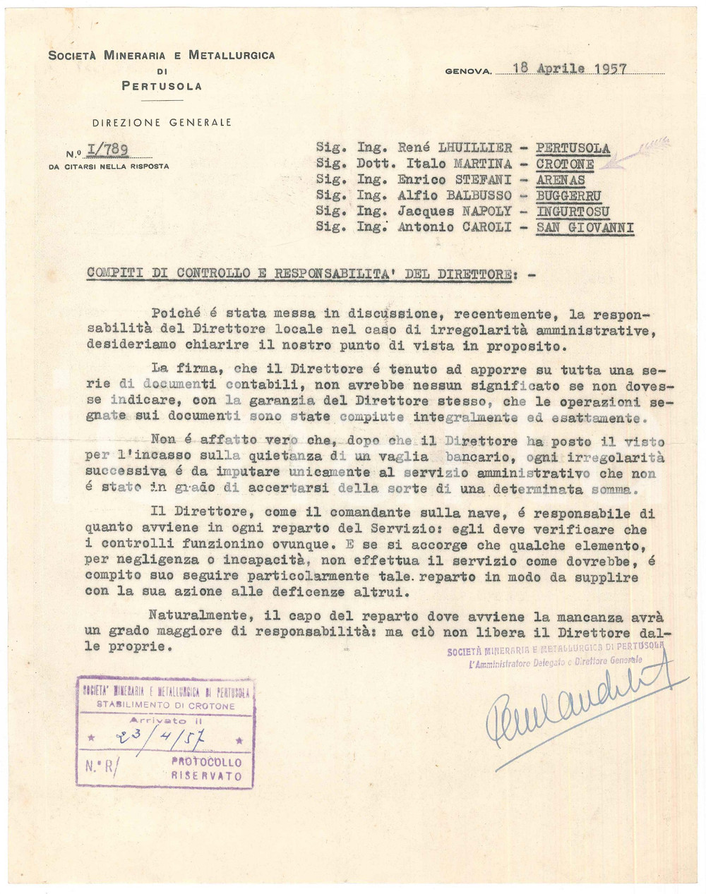 Documento originale, autentico 1957 GENOVA SocietÃ  Mineraria di PERTUSOLA  Compiti direttore  Lettera 1