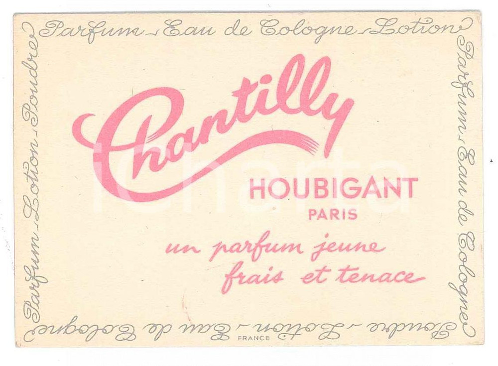 Oggetto da collezione cartaceo 1955 ca PARIS Houbigant parfum CHANTILLY parfum jeune  Biglietto pubblicitario 1
