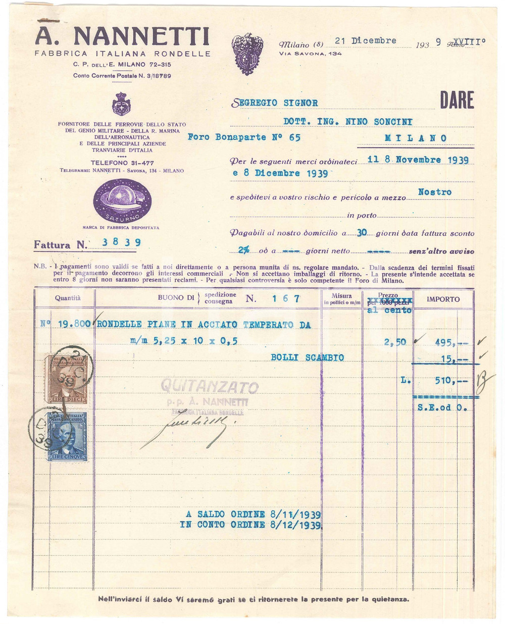 Documento originale, autentico 1939 MILANO via Savona  A. NANNETTI Fabbrica Italiana Rondelle  Fattura 1