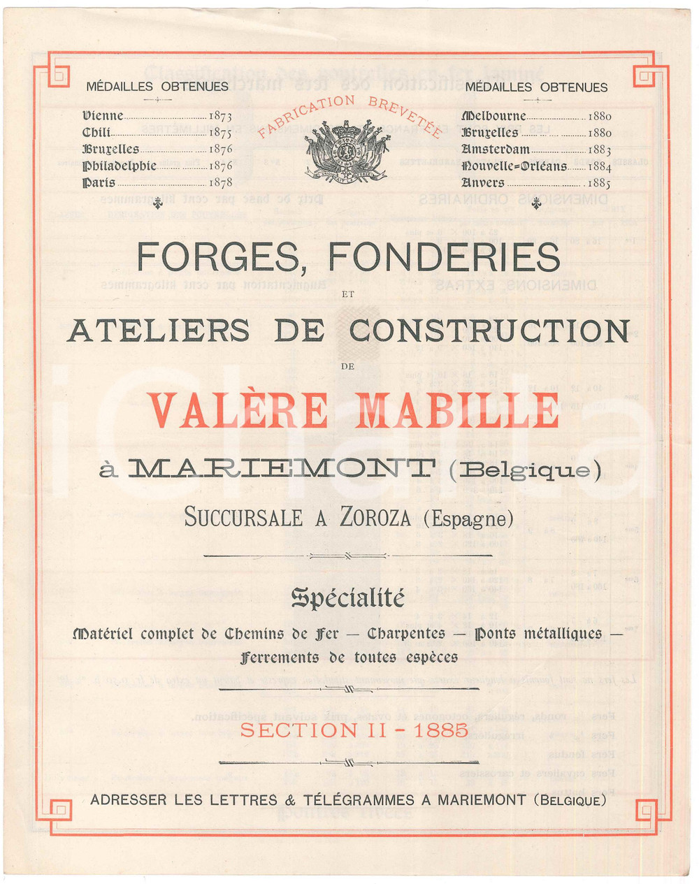 1885 MARIEMONT (B) Forges et Fonderies Valère MABILLE - Brochure fers poutrelles