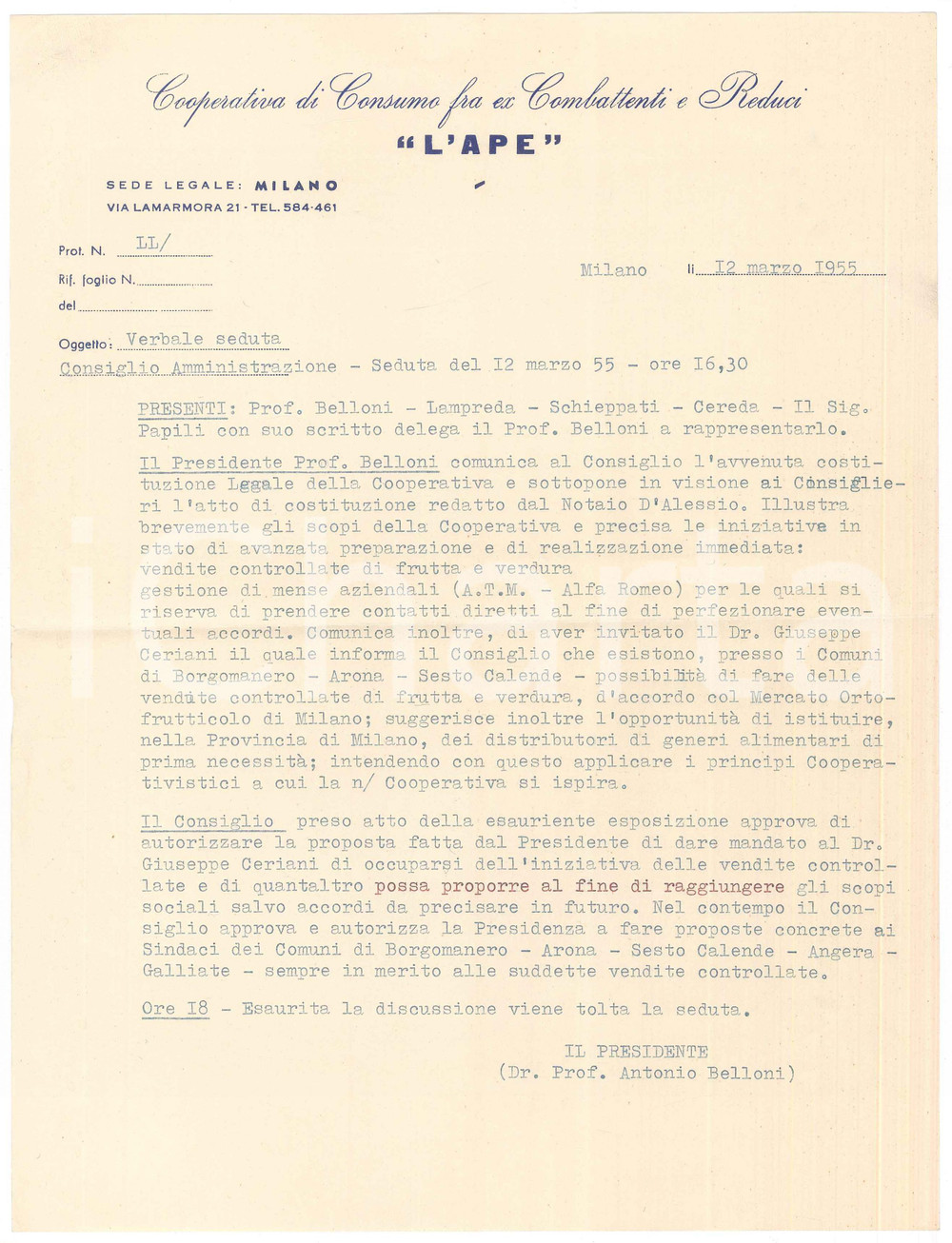 Documento originale, autentico 1955 MILANO Cooperativa Consumo Ex Combattenti e Reduci L APE  Verbale 1