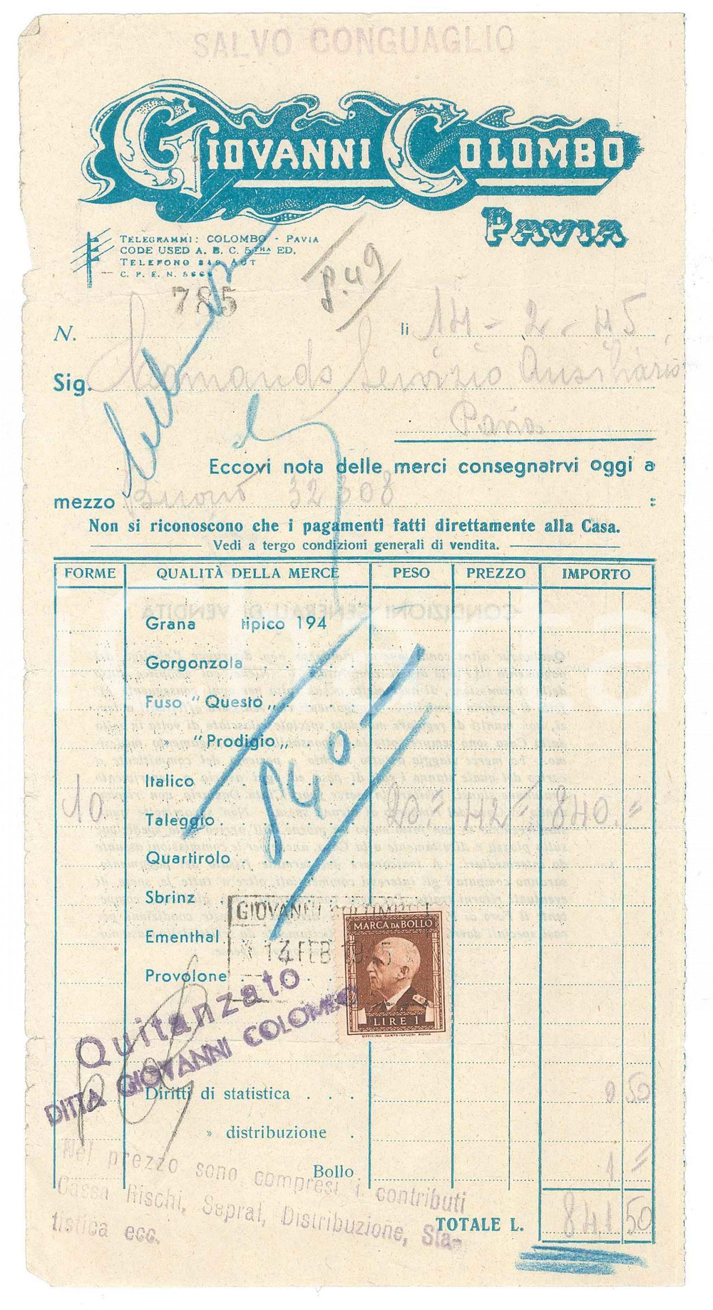 Documento originale, autentico 1945 PAVIA Giovanni COLOMBO Ditta di formaggi  Fattura intestata 1
