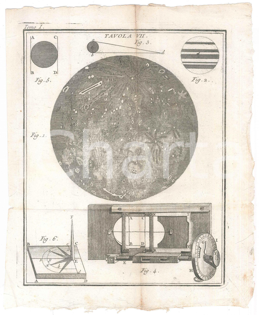 Stampa, bozzetto originale 1780 ca ASTRONOMIA Luna e strumenti  Tomo I Tav. VII 18x25 cm 1