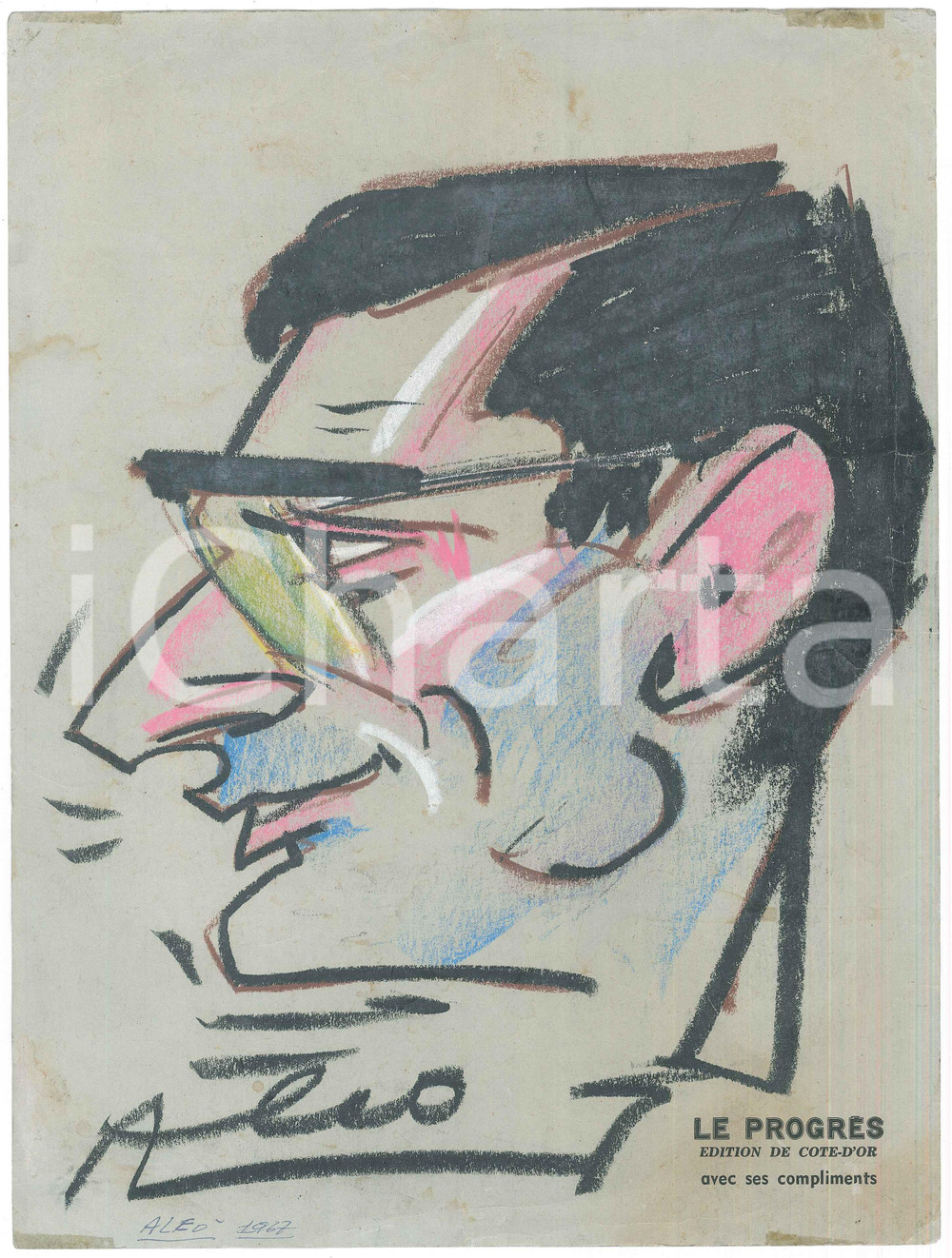 Opera d’arte autentica 1967 ARTE Giuseppe ALEO Testa d uomo  Pastello su carta 24x32 cm 1