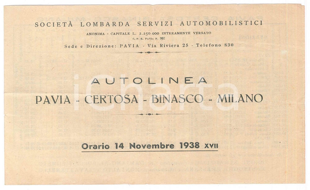 Materiale pubblicitario d’epoca 1938 PAVIA SocietÃ  Lombarda Servizi Automobilistici  Orario PAVIAMILANO 1