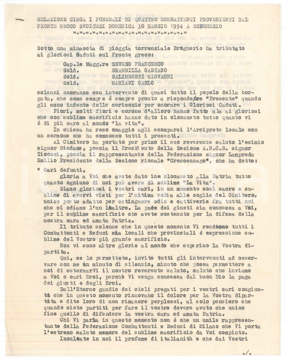 Documento originale, autentico 1954 BRUGHERIO MB Emilio LAMPREDA  Funerali di 4 combattenti sul fronte greco 1