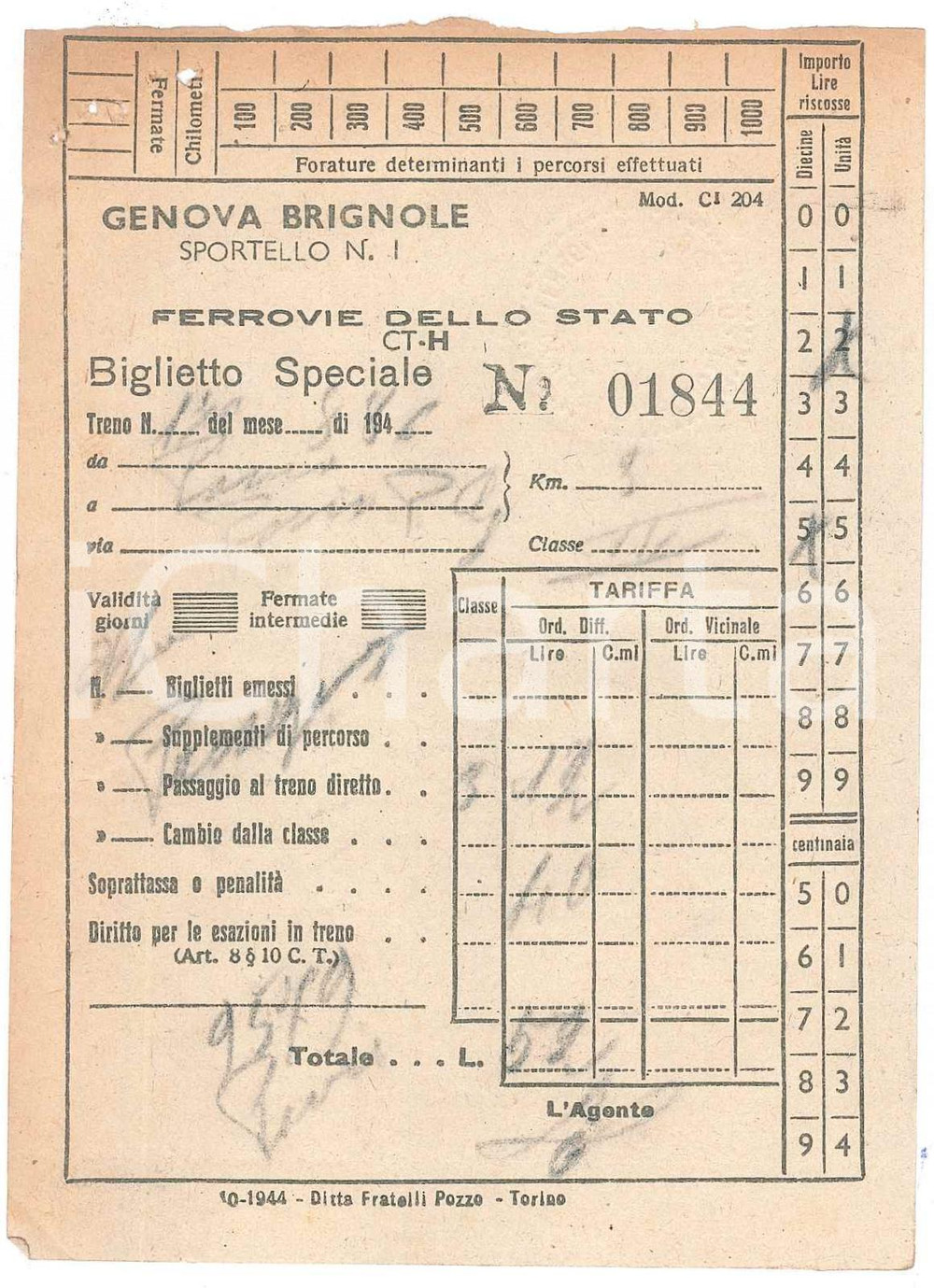 Oggetto da collezione cartaceo 1946 FERROVIE DELLO STATO Biglietto speciale GENOVA BRIGNOLE 9x13 cm 1