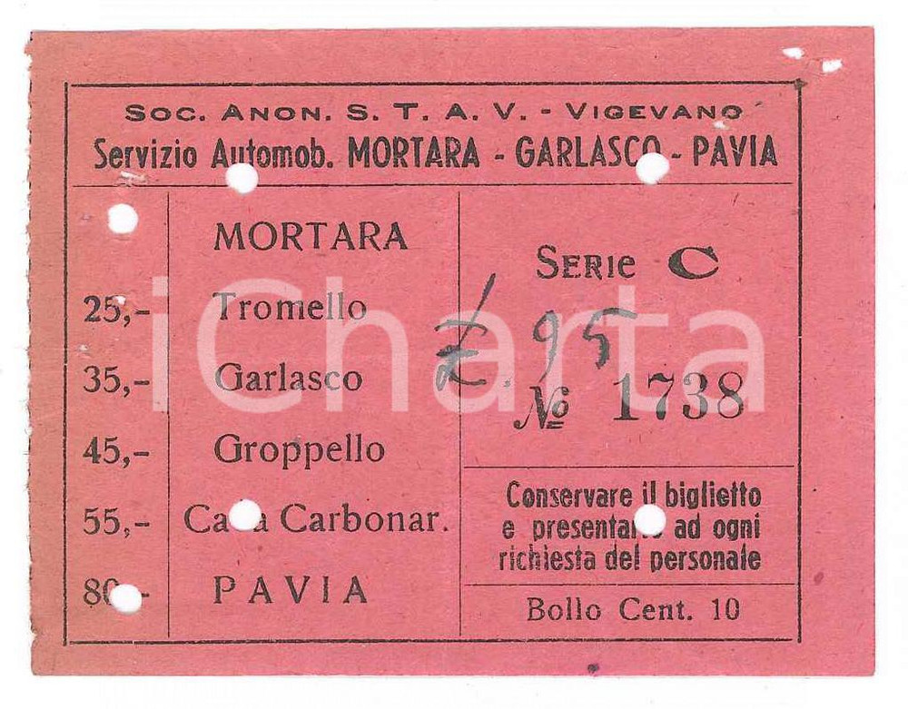 Oggetto da collezione cartaceo 1950 ca VIGEVANO SocietÃ  trasporti STAV Biglietto MORTARA  GARLASCO  PAVIA 1