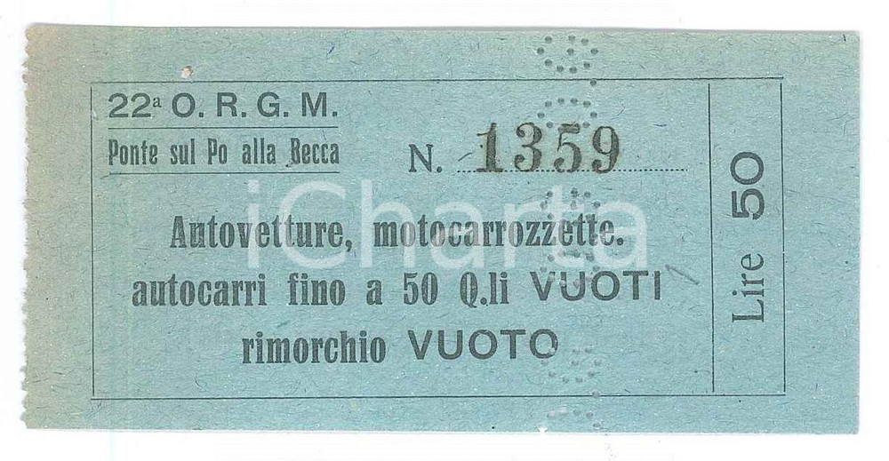 Oggetto da collezione cartaceo 1950 ca MEZZANINO Ponte della Becca sul Po  Biglietto autocarri di 50 quintali 1
