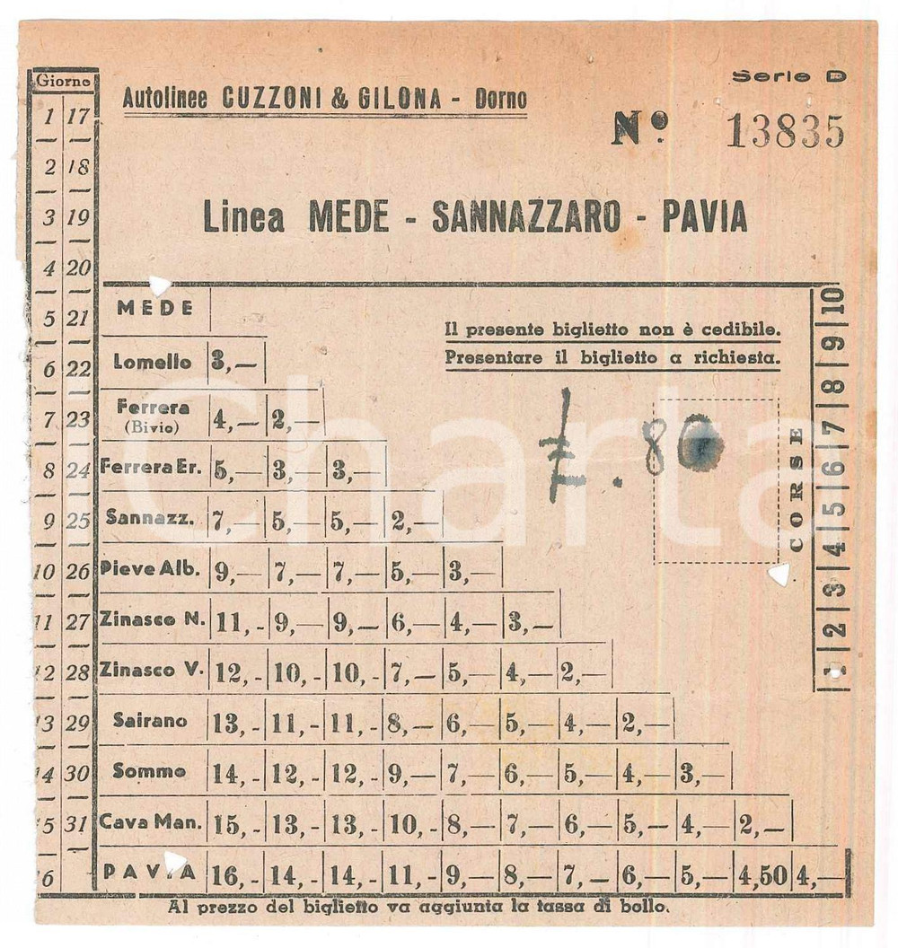 Oggetto da collezione cartaceo 1960 ca DORNO Autolinee CUZZONI & GILONA Linea MEDESANNAZZAROPAVIA Biglietto 4 1