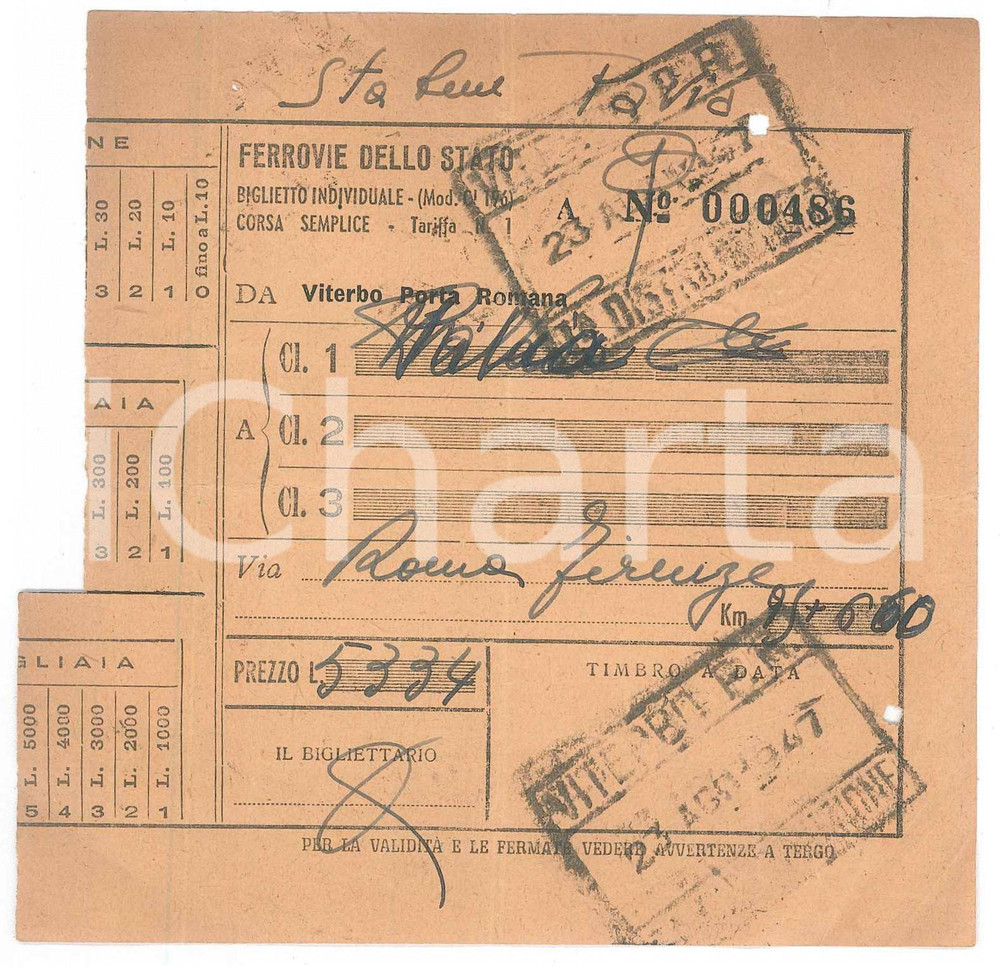 Oggetto da collezione cartaceo 1947 FERROVIE DELLO STATO Biglietto di corsa semplice da Viterbo 1
