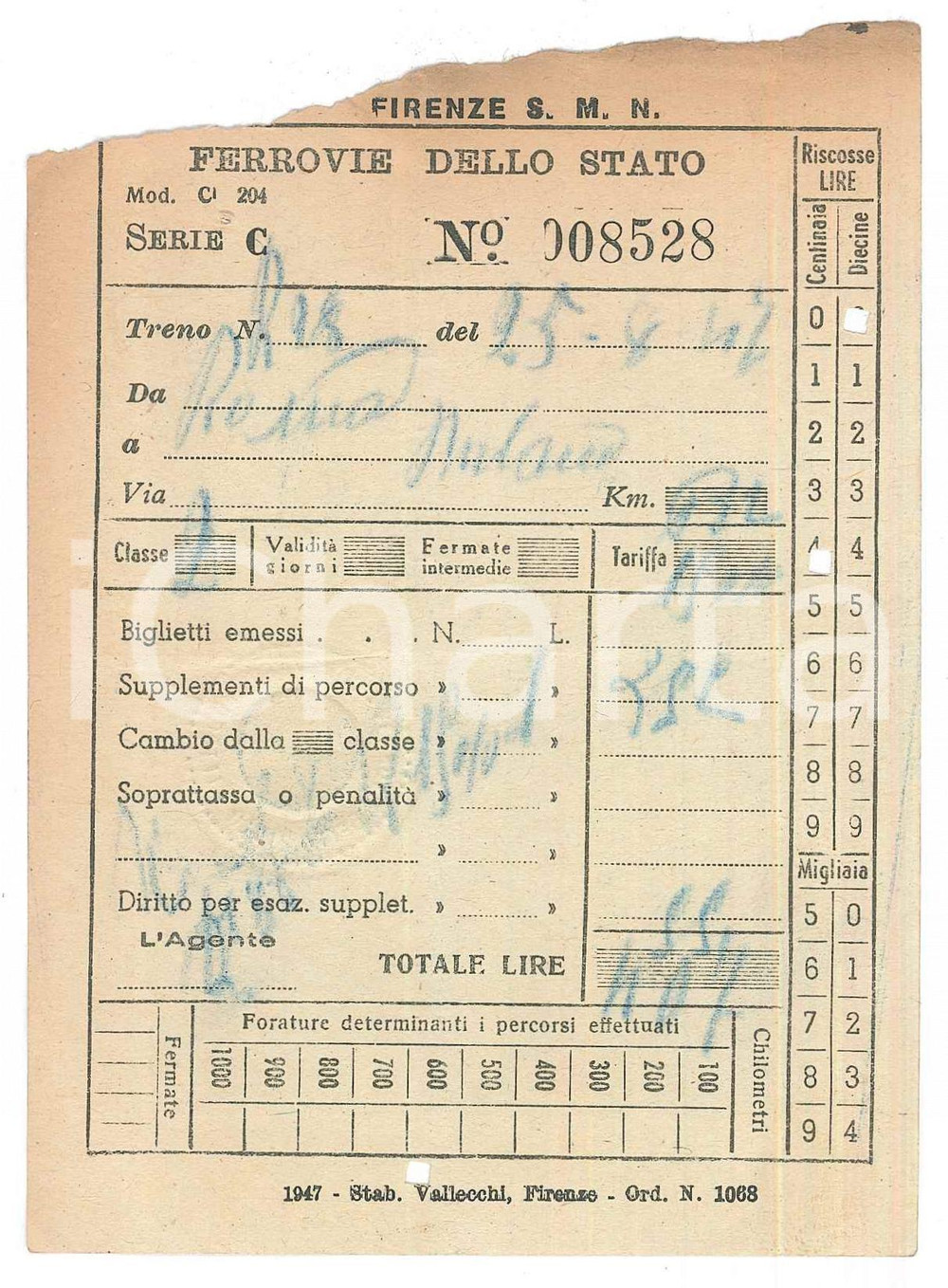 Oggetto da collezione cartaceo 1947 FIRENZE SANTA MARIA NOVELLA  FS Ricevuta tratta ROMA  MILANO 9x13 cm 1