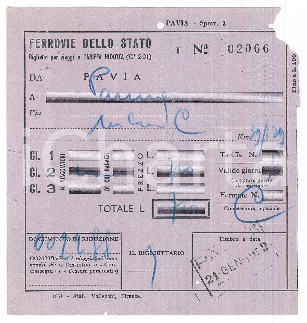 Oggetto da collezione cartaceo 1952 FERROVIE DELLO STATO Biglietto PaviaParma  Tariffa ridotta 1
