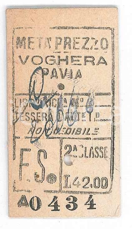 Oggetto da collezione cartaceo 1950 ca FERROVIE DELLO STATO Biglietto metÃ  prezzo VOGHERA  PAVIA 3x5 cm 1