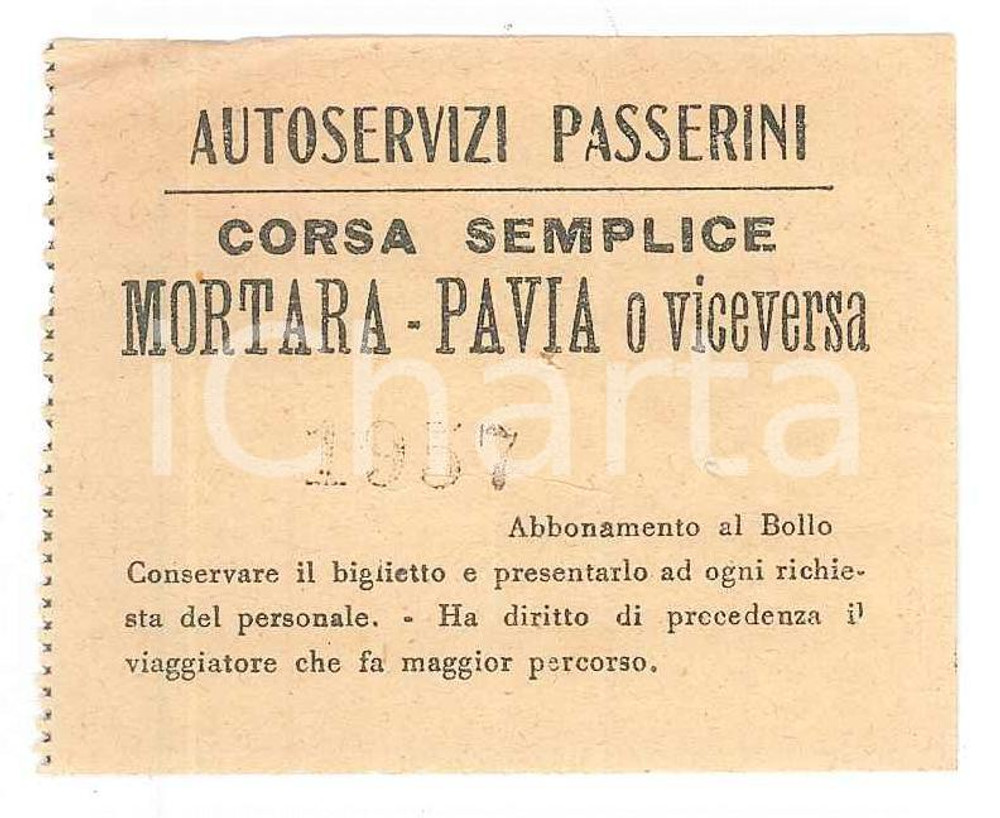 Oggetto da collezione cartaceo 1957 AUTOSERVIZI PASSERINI Biglietto tratta MORTARA  PAVIA o viceversa 6x5 cm 1