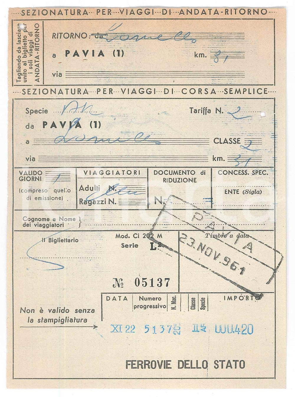 Oggetto da collezione cartaceo 1950 ca FERROVIE DELLO STATO Biglietto A/R LOMELLO  PAVIA 11x15 cm 1