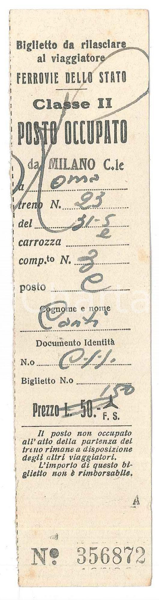 Oggetto da collezione cartaceo 1950 ca FERROVIE DELLO STATO Milano Centrale  Tagliando per posto occupato 1