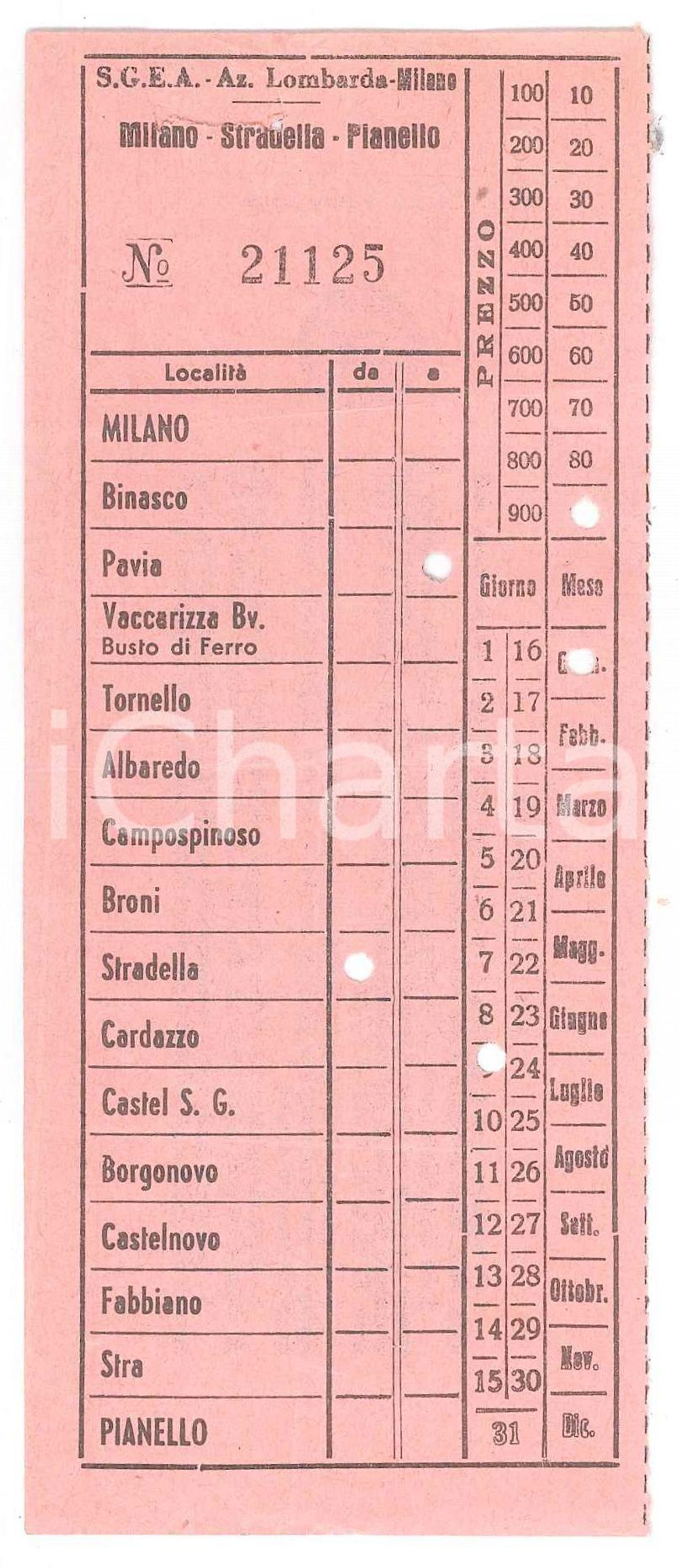 Oggetto da collezione cartaceo 1964 SGEA Azienda Lombarda Trasporti  Biglietto MILANO  STRADELLA  PIANELLO 1
