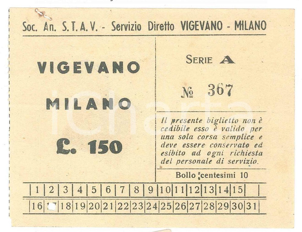 Oggetto da collezione cartaceo 1950 ca STAV SocietÃ  trasporti  Biglietto tratta VIGEVANO  MILANO 11x8 1