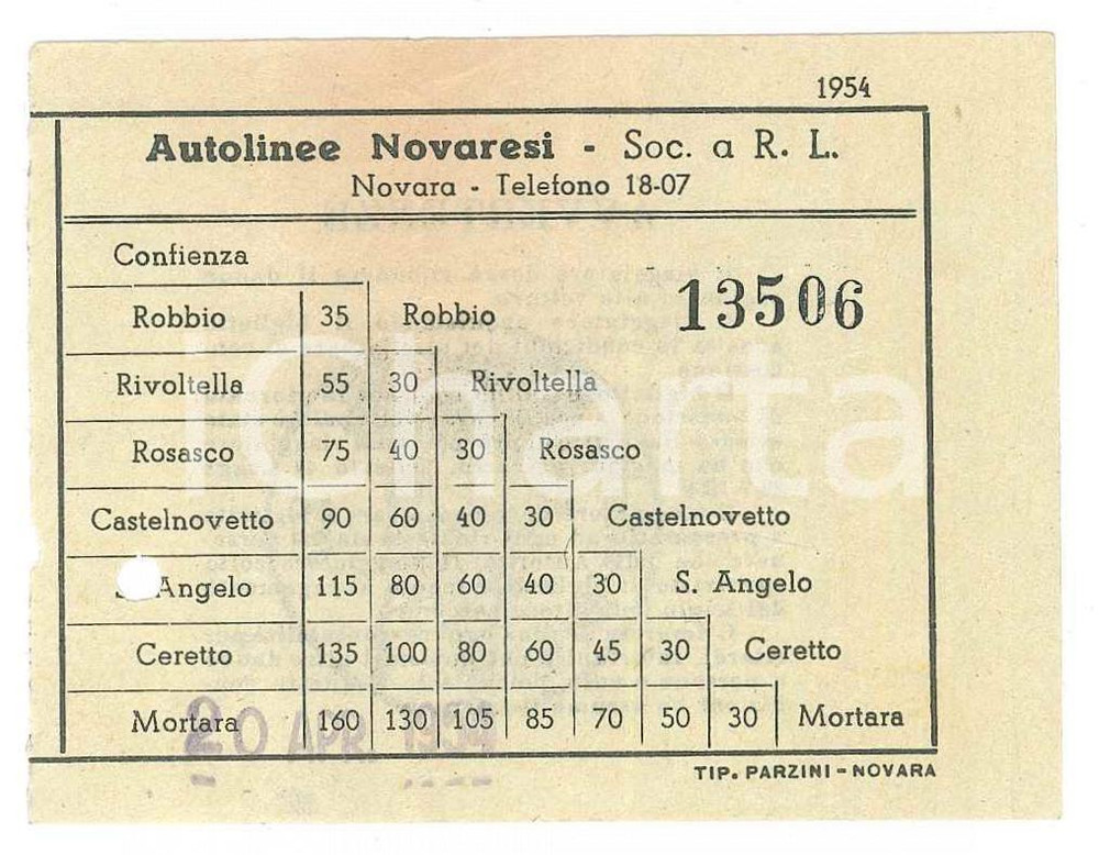 Oggetto da collezione cartaceo 1954 NOVARA Autolinee Novaresi  Biglietto per la tratta CONFIENZA  MORTARA 8x6 1