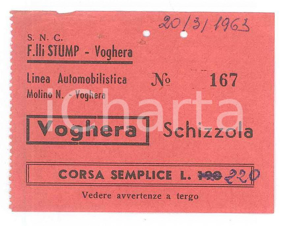 Oggetto da collezione cartaceo 1963 FRATELLI STUMP Trasporti  Biglietto linea VOGHERA  SCHIZZOLA 7x5 cm 1