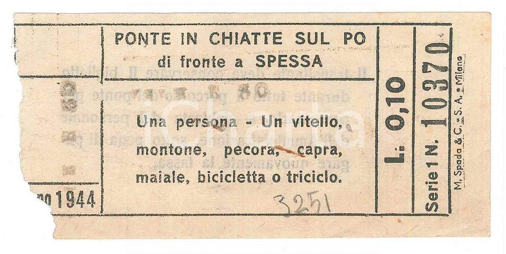 Oggetto da collezione cartaceo 1944 SPESSA PO Ponte in chiatte sul Po  Biglietto per persona, vitello o capra 1