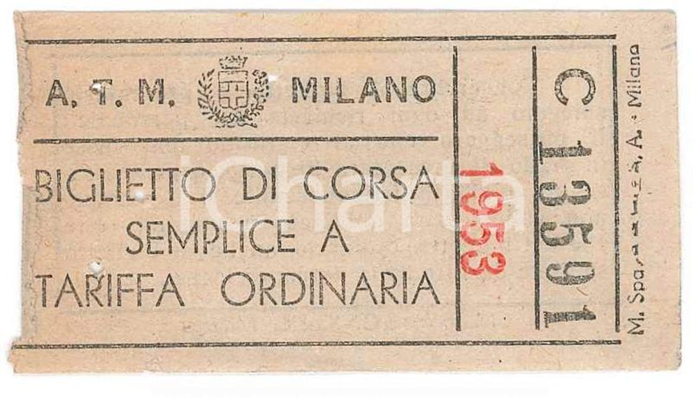 Oggetto da collezione cartaceo 1953 MILANO  ATM Biglietto corsa semplice TRAM 6x3 cm 1