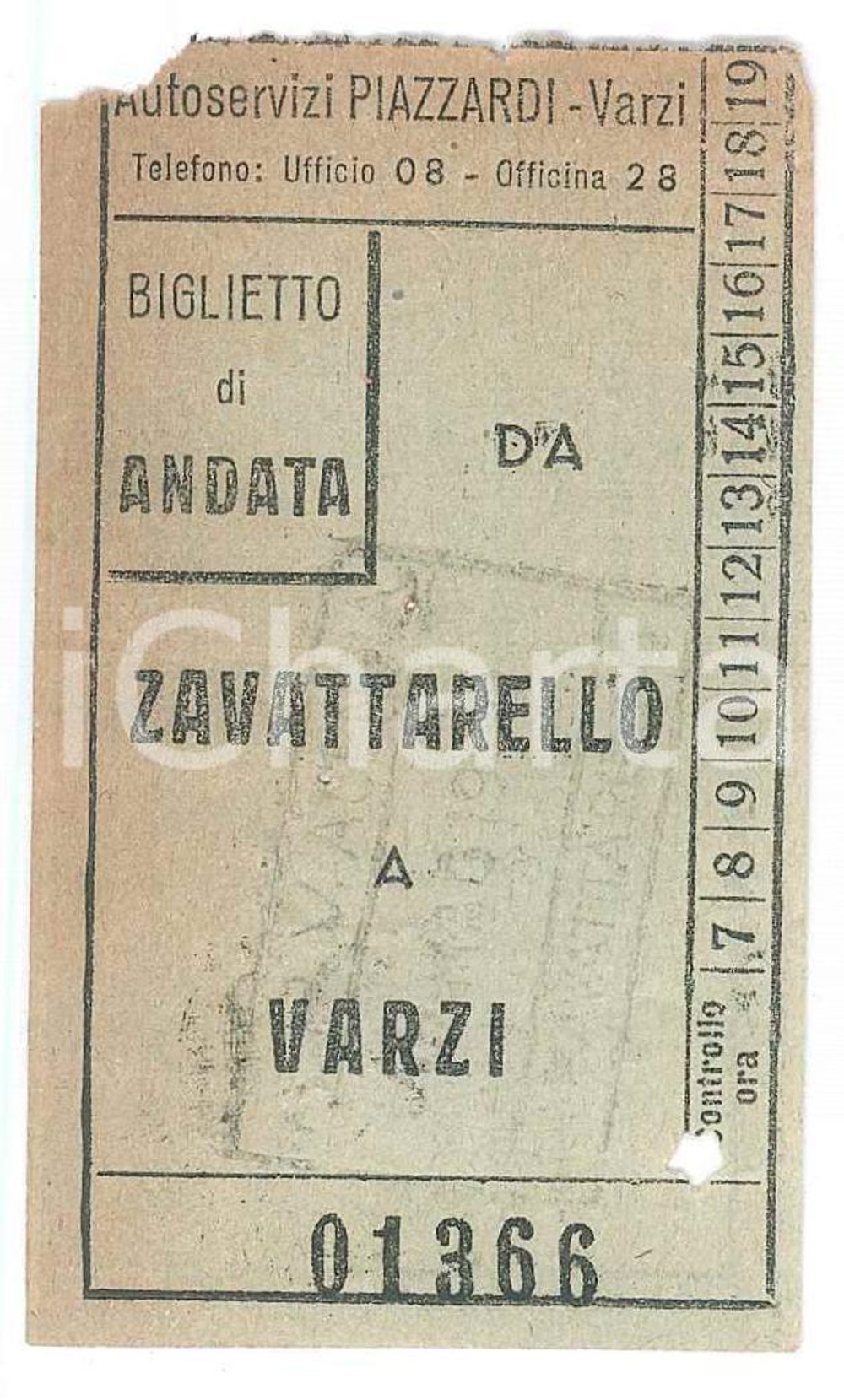 Oggetto da collezione cartaceo 1950 ca VARZI Trasporti PIAZZARDI Biglietto da ZAVATTARELLO a VARZI 5x8 cm 1